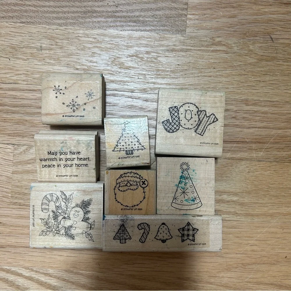 Vintage Christmas Wood Block Stamp Bundle Collection Set Santa Tree Joy